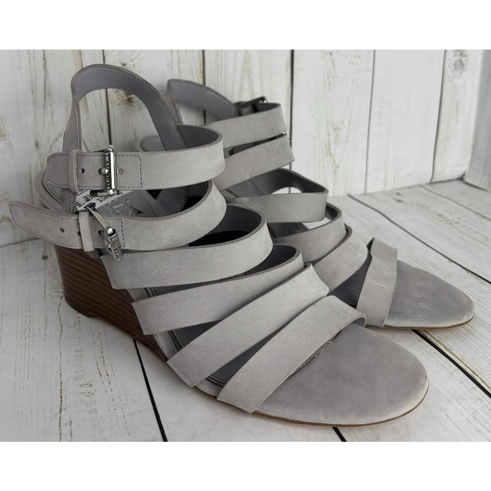 Lauren Ralph Lauren Aleigh Strappy Leather‎ Wedge Sandals Gray 9.5B